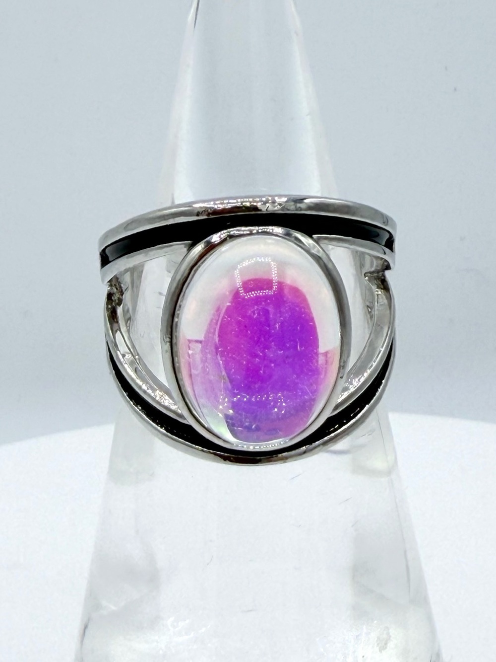 Glass Faux Moonstone Glass Ring Flashes of Pink & Green Woman’s Jewelry